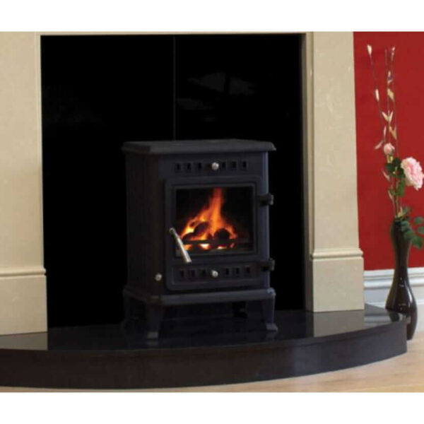 A Henley Trinity Kells stove sitting on a black granite fire place