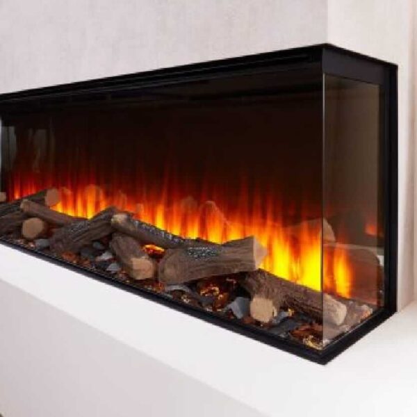 A glowing electric fire, there are fake logs and red embers inside a glass case