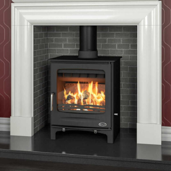 A Henley Sherwood sitting on a wooden mantel in a brick effect fireplace