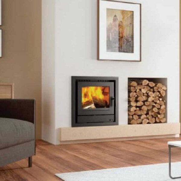 Henley Faro 600 insert Stove in a four sided frame beside wooden logs