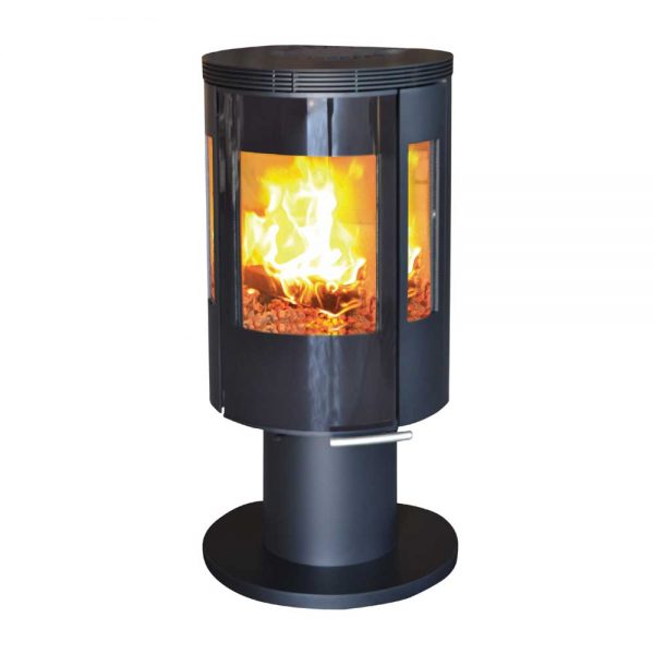 Henley - Elite G4 Pedestal (7.7kW) Freestanding stove on a white background with a roaring fire in the stove glass