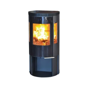 Henley - Elite G4 Freestanding stove on a white background with a roaring fire in the stove glass